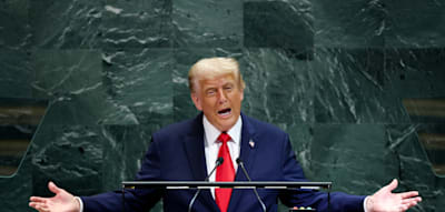 Während Baerbock hinter ihm sitzt, rechnet Trump mit grüner Politik ab